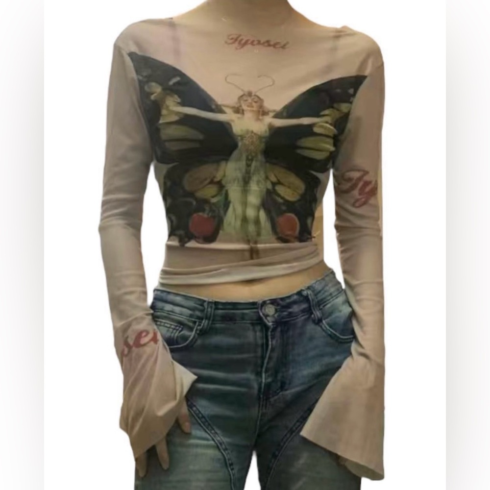 Y2k thumbelina style sheer Butterfly Print Long Sleeve vintage 1920s style Top